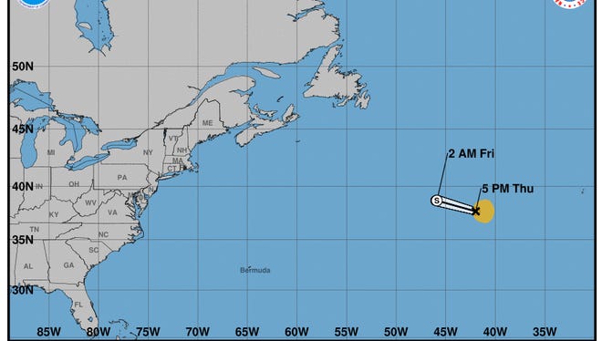 Tropical Storm Arlene formed April 20, 2017, far out in the Atlantic Ocean.
