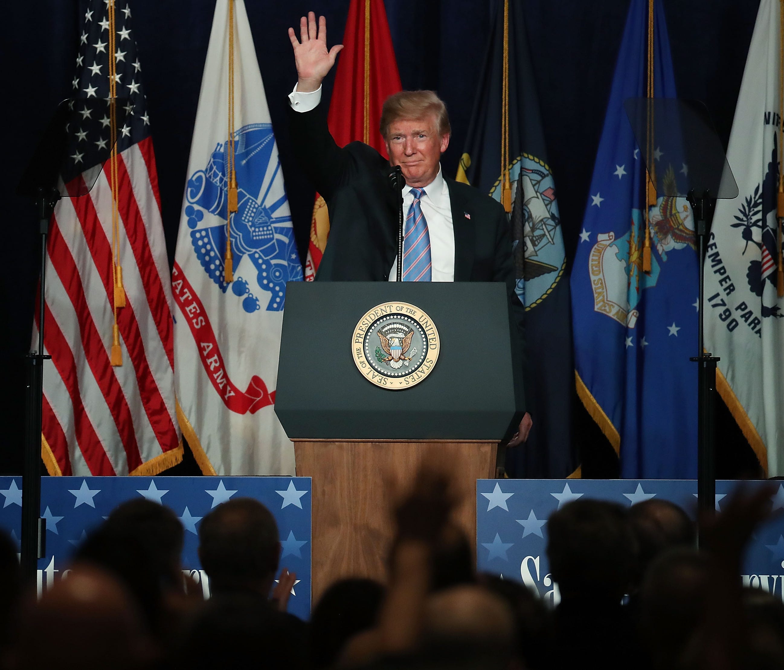 President Donald Trump speaks during a salute to service dinner at the Greenbrier Resort on June 3, 2018 in White Sulphur Springs, West Virginia. The president was participating in a military tribute on the eve of Independence Day.