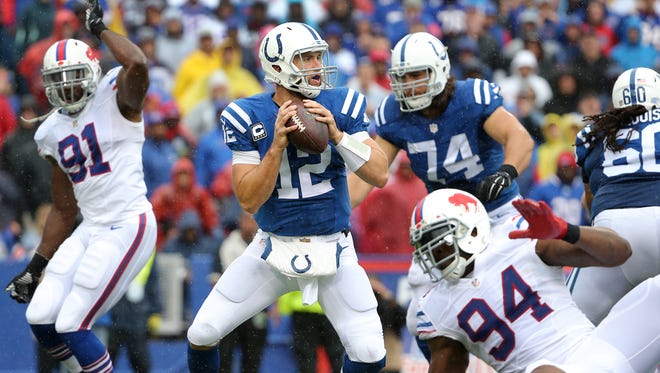 Indianapolis Colts quarterback Andrew Luck (12) stands in the pocket as he looks for a receiver in the second half of the game Sunday, September 13, 2015 at Ralph Wilson Stadium in Orchard Park NY. The Colts lost 27-14.