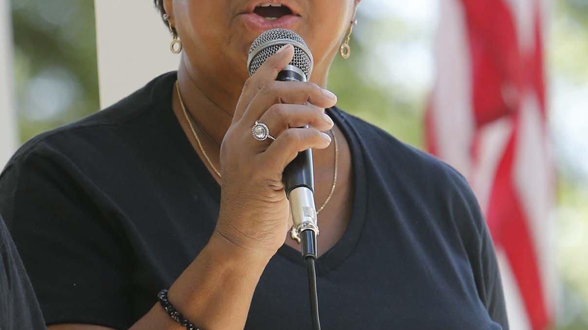 Judi Hill, Akron NAACP president, speaks before a Black Lives Matter Solidarity March hosted by Copley-Fairlawn For All, a group of students, alumni and community members in July 2020.