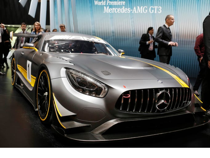 The new Mercedes-AMG GT3 is on display.