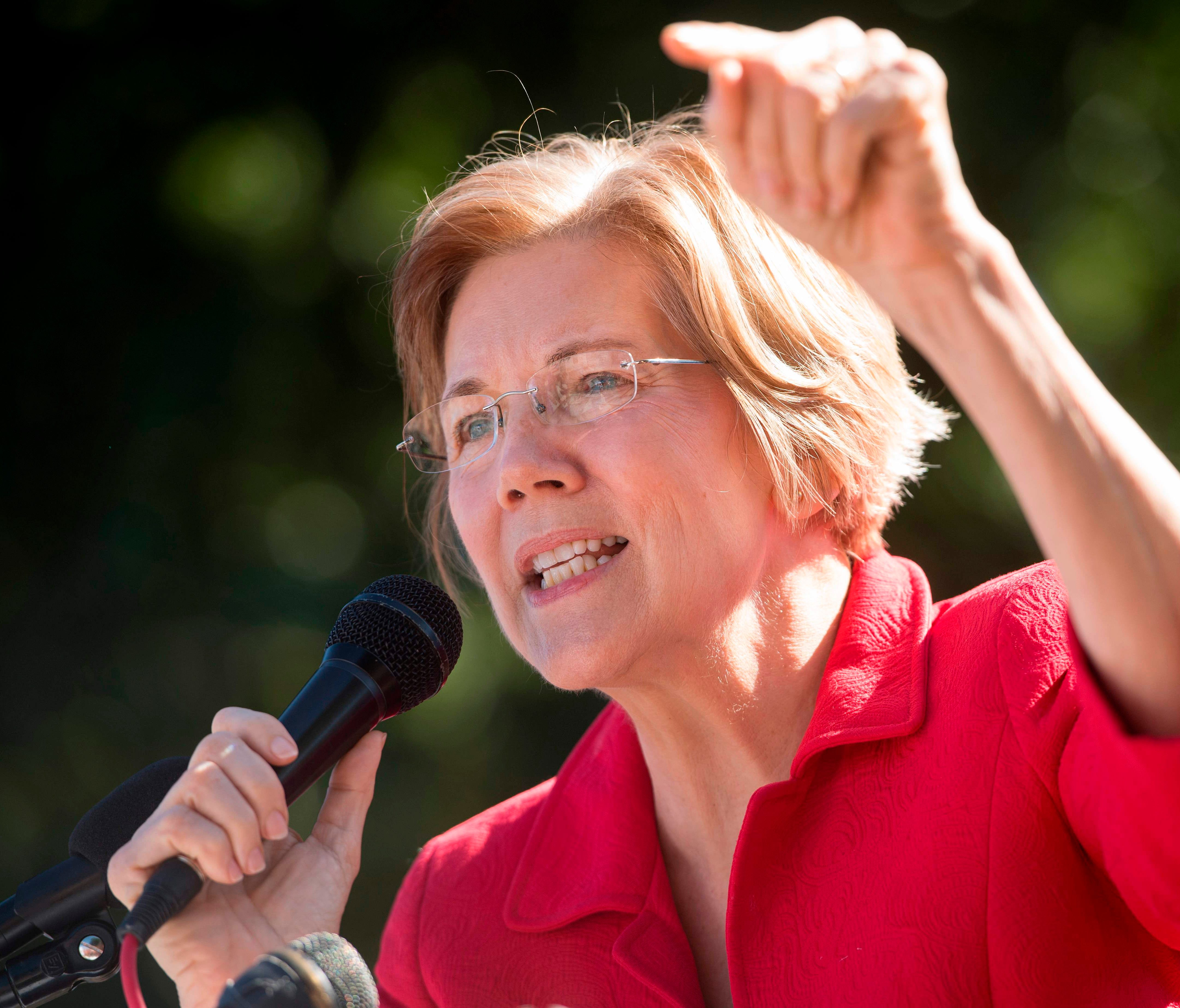 Sen. Elizabeth Warren, Democrat, D-Mass., speaks to demonstrators during the 
