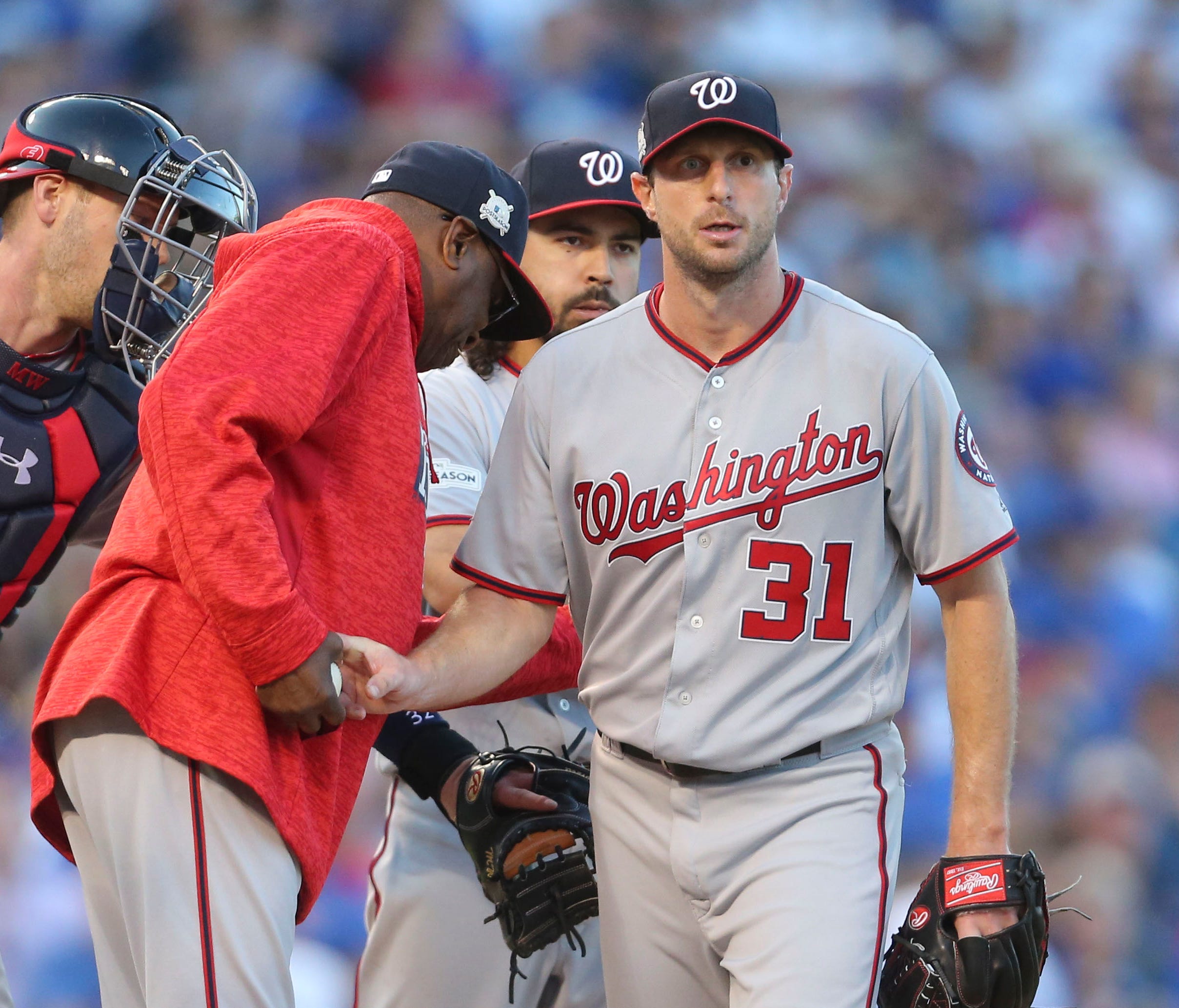 Nationals manager Dusty Baker removes Max Scherzer in the seventh inning of Game 3.