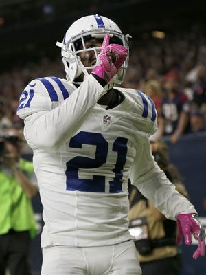 Indianapolis Colts cornerback Vontae Davis (21) quieter the Texans fans as he celebrates his interception in the third quarter of their game Sunday, Oct 16, 2016, evening at NRG Stadium in Houston TX.