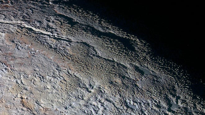 A high-resolution image of the surface of Pluto.