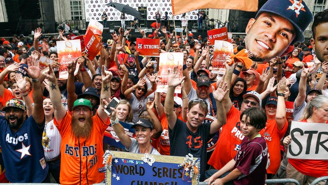 Nov 3, 2017; Houston, TX, USA; Fans cheer during the World Series championship parade and rally at Houston City Hall. Mandatory Credit: Troy Taormina-USA TODAY Sports