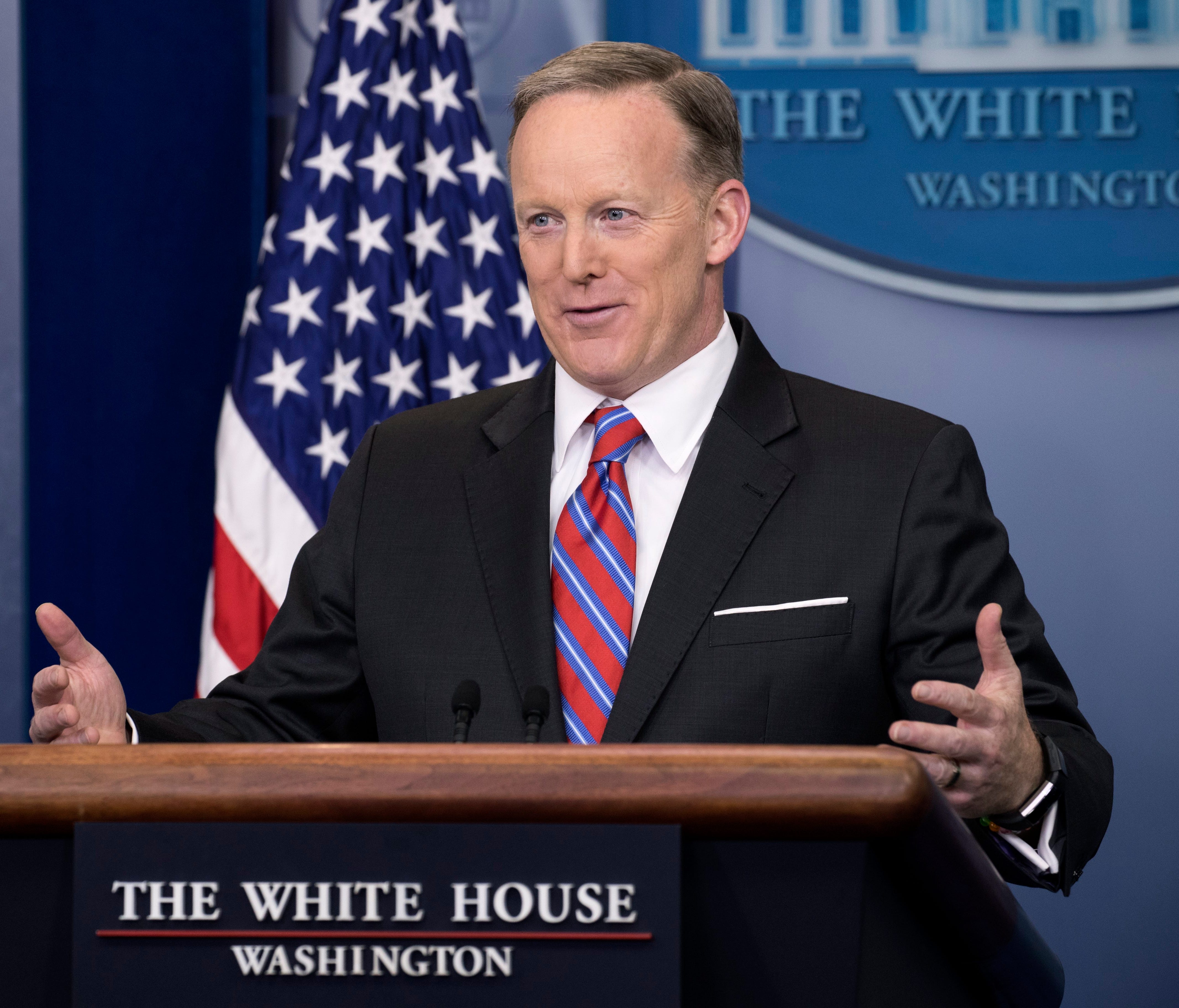 White House Press Secretary Sean Spicer responds to a question from the news media during the daily press briefing in the Brady Press Briefing Room at the White House in Washington, D.C, USA, on March 28.