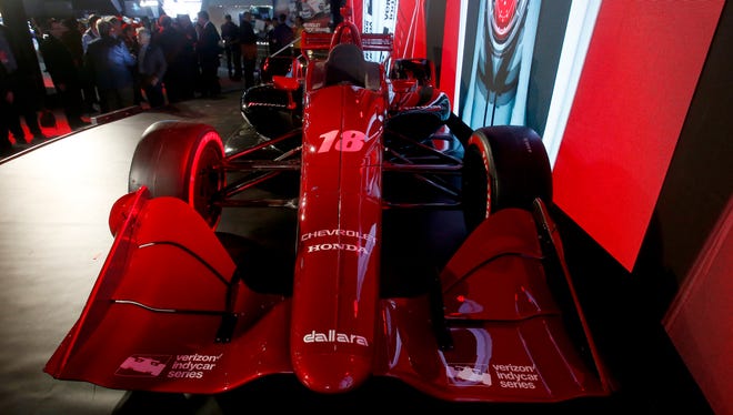 The redesigned 2018 IndyCar on display at the North American International Auto Show at Cobo Center in downtown Detroit on Tuesday, Jan. 16, 2018.
