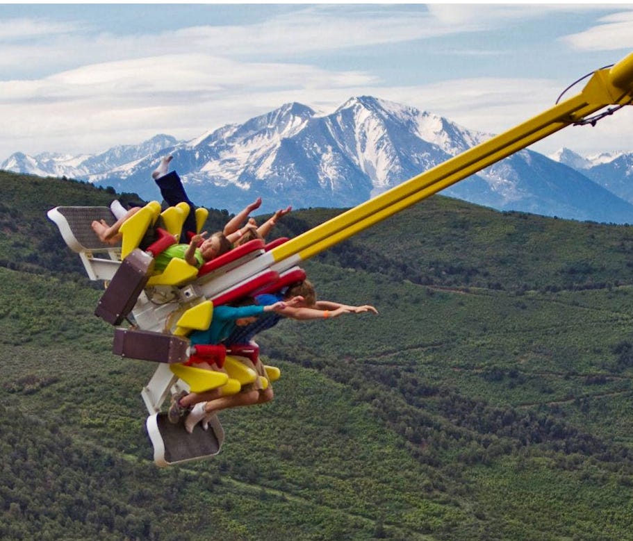 The Giant Canyon Swing at Glenwood Caverns Adventure Park in Glenwood Springs, Colo. moves four passengers back and forth, takes them nearly vertical at the height of each swinging arc, hits a top speed of 50 mph, and delivers potent, tummy-tickling,
