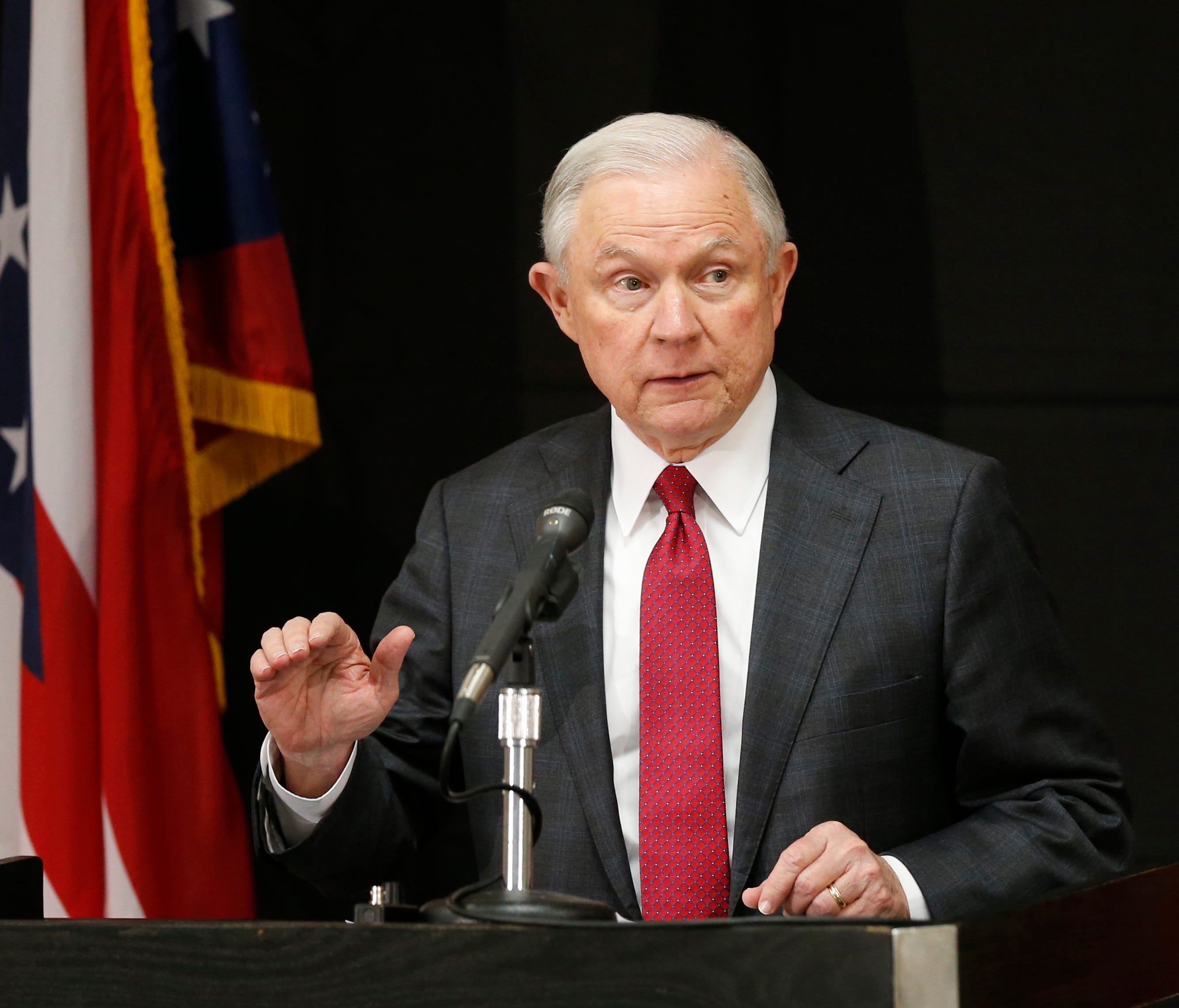 Attorney General Jeff Sessions is pictured speaking at the Columbus Police Academy.