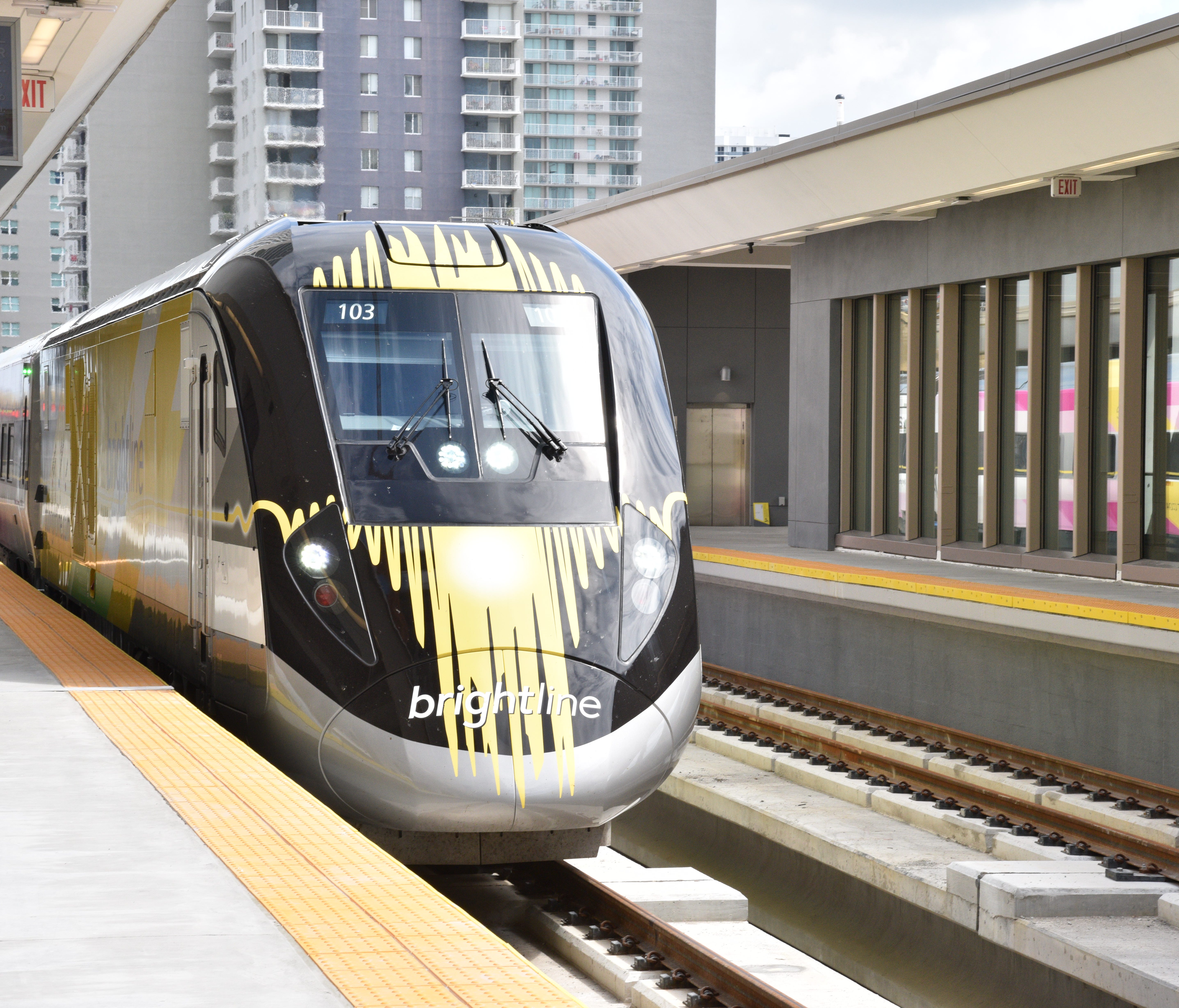 A Brightline train makes a test run through the new MiamiCentral station.