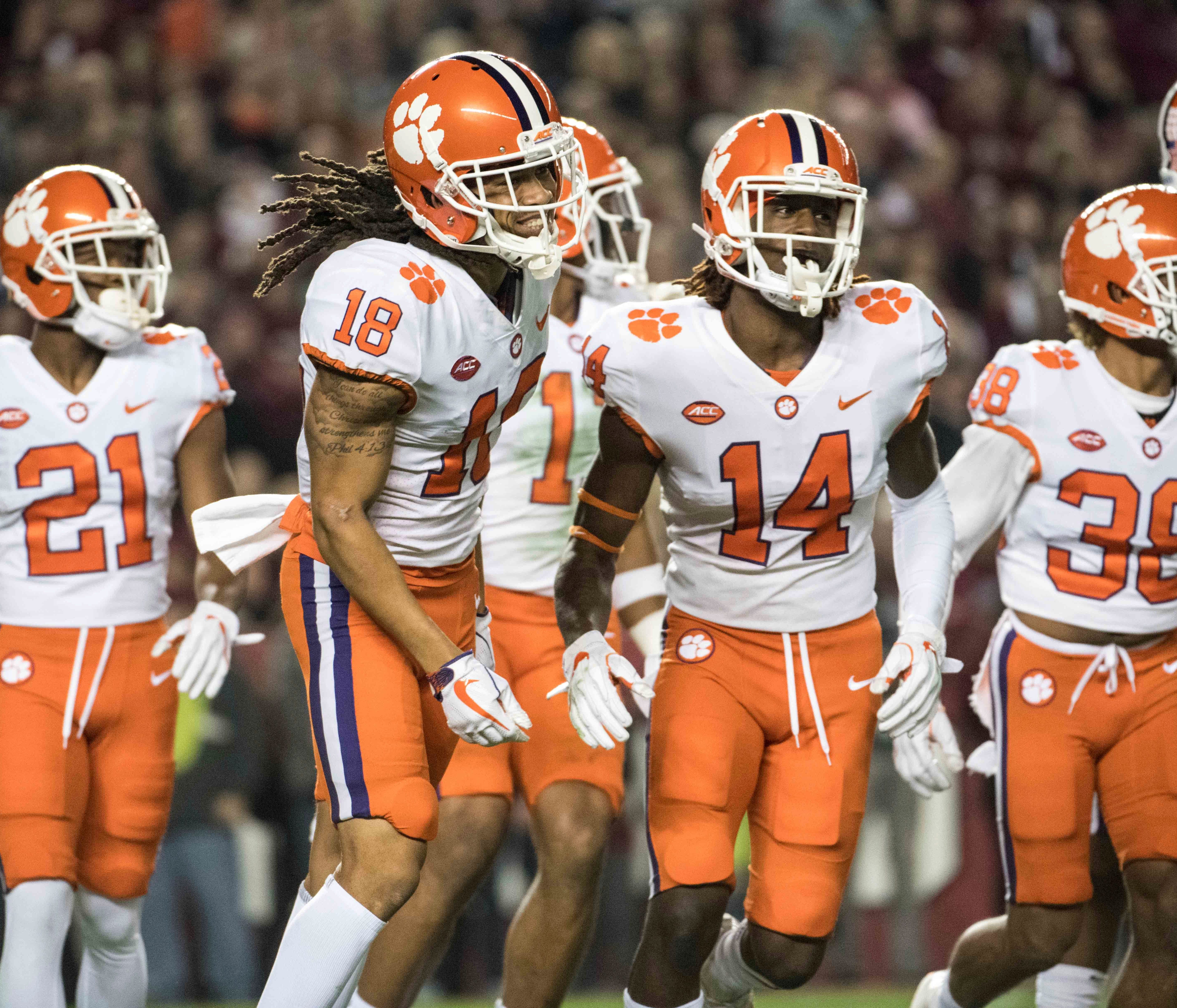 Clemson players celebrate after a play against South Carolina.