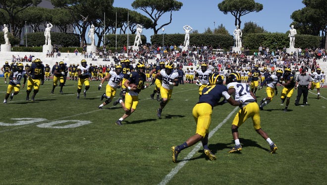 The University of Michigan football team held its last practice at Stadio dei Marmi in Rome on Saturday, April 29, 2017.