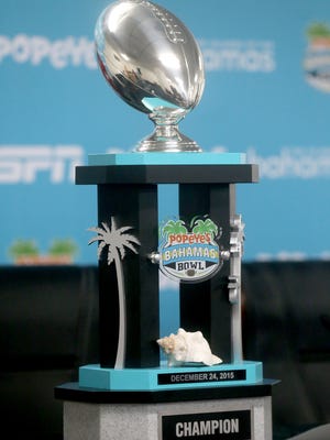 The Popeyes Bahamas Bowl championship trophy was on display during the pre-game press conference Wednesday Dec. 23, 2015.