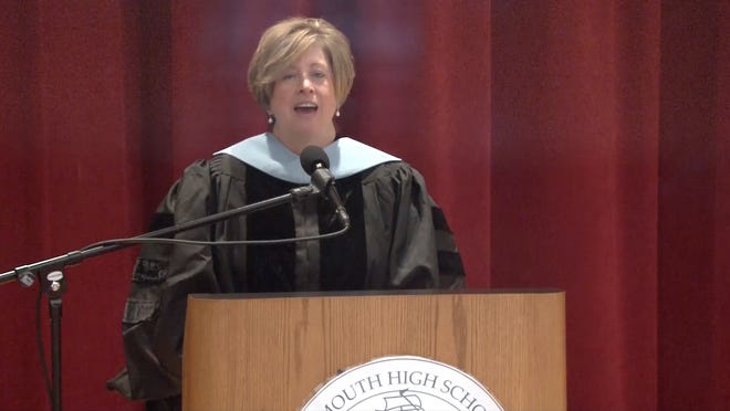 Falmouth schools Superintendent Lori Duerr speaks to the Class of 2020 during a virtual graduation celebration Saturday.