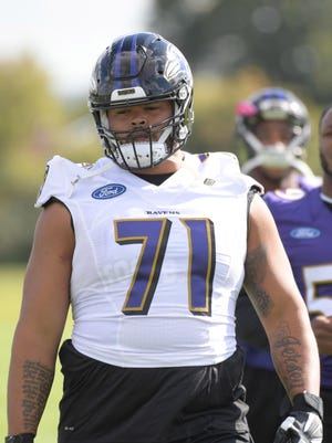 Sep 22, 2017; London, England, United Kingdom; Baltimore Ravens offensive guard Jermaine Eluemunor (71) during practice at the Hazelwood. Mandatory Credit: Kirby Lee-USA TODAY Sports