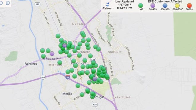 The El Paso Electric outage map, about 8:45 p.m., on Tuesday, Jan. 17, 2017.