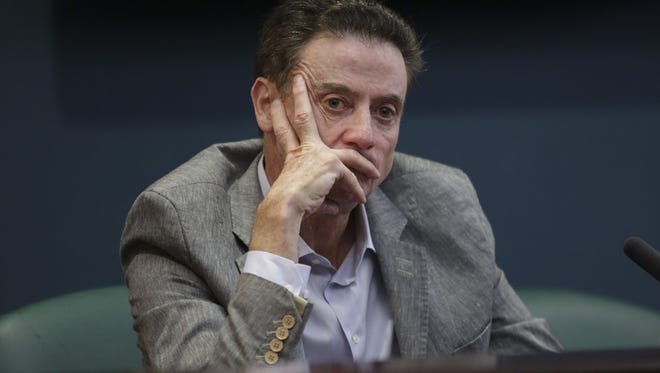 U of L basketball coach, Rick Pitino, looks on during a U of L press conference in response to the NCAA's penalties on the men's basketball program. June 15, 2017