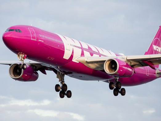 A WOW Air Airbus A330 nearing from Iceland lands at