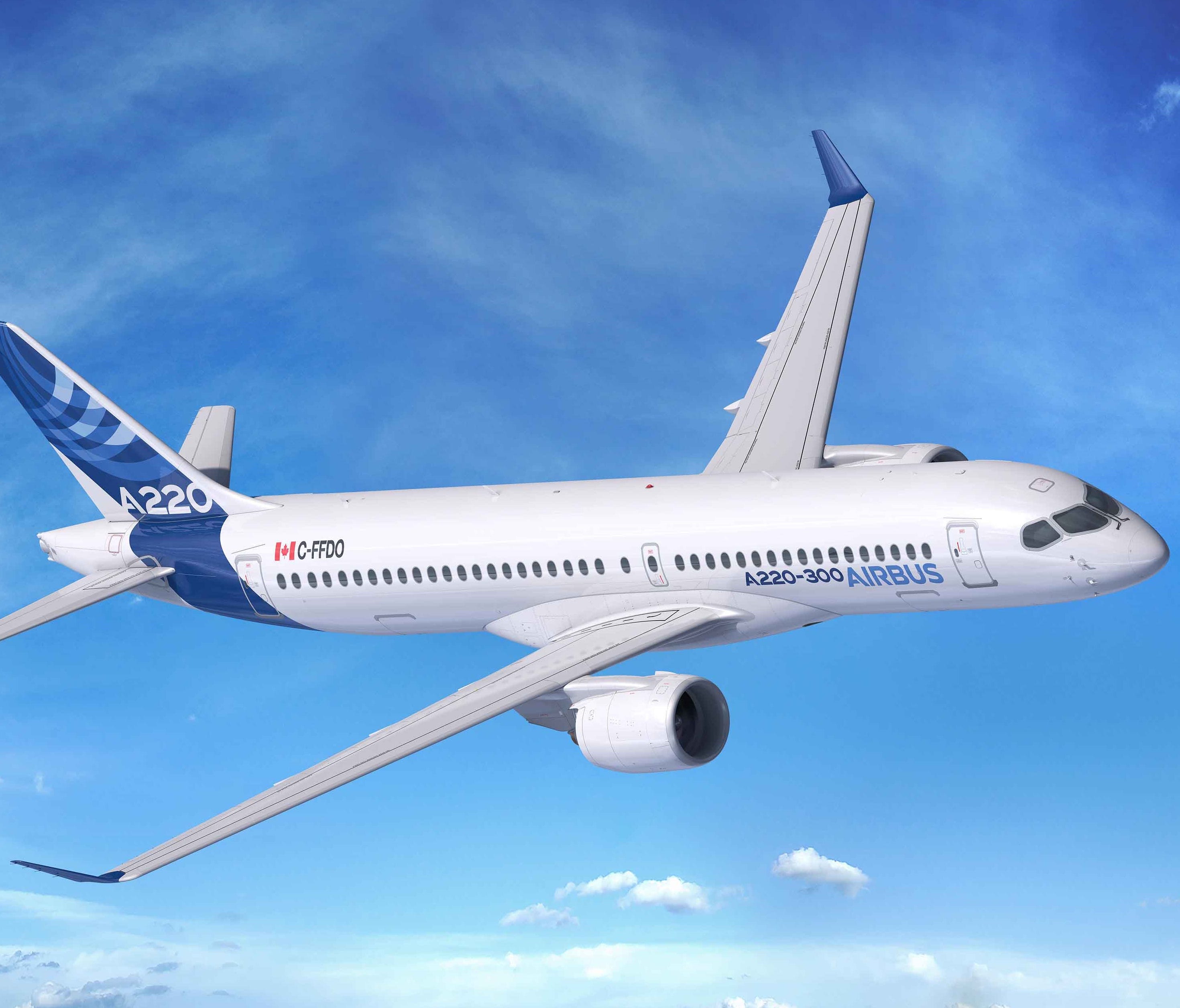 This image provided by Airbus shows an Airbus A220-300 in flight. The plane has been ordered by JetBlue founder David Neeleman for a new U.S. start-up airline.