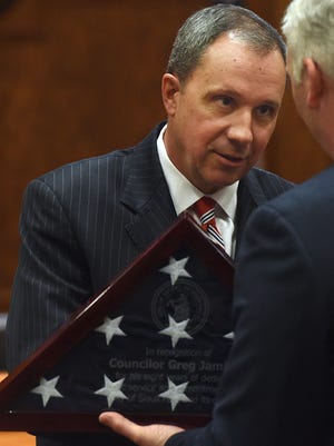 Rep. Greg Jamison has introduced legislation prohibiting local governments from negotiating confidential court settlements. Here, he is recognized in 2014 for his years of service on the Sioux Falls City Council.