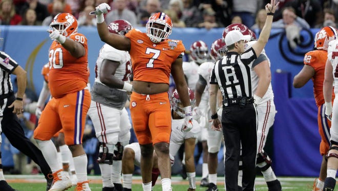 Clemson defensive end Austin Bryant reacts after a play against during the 2018 Sugar Bowl.