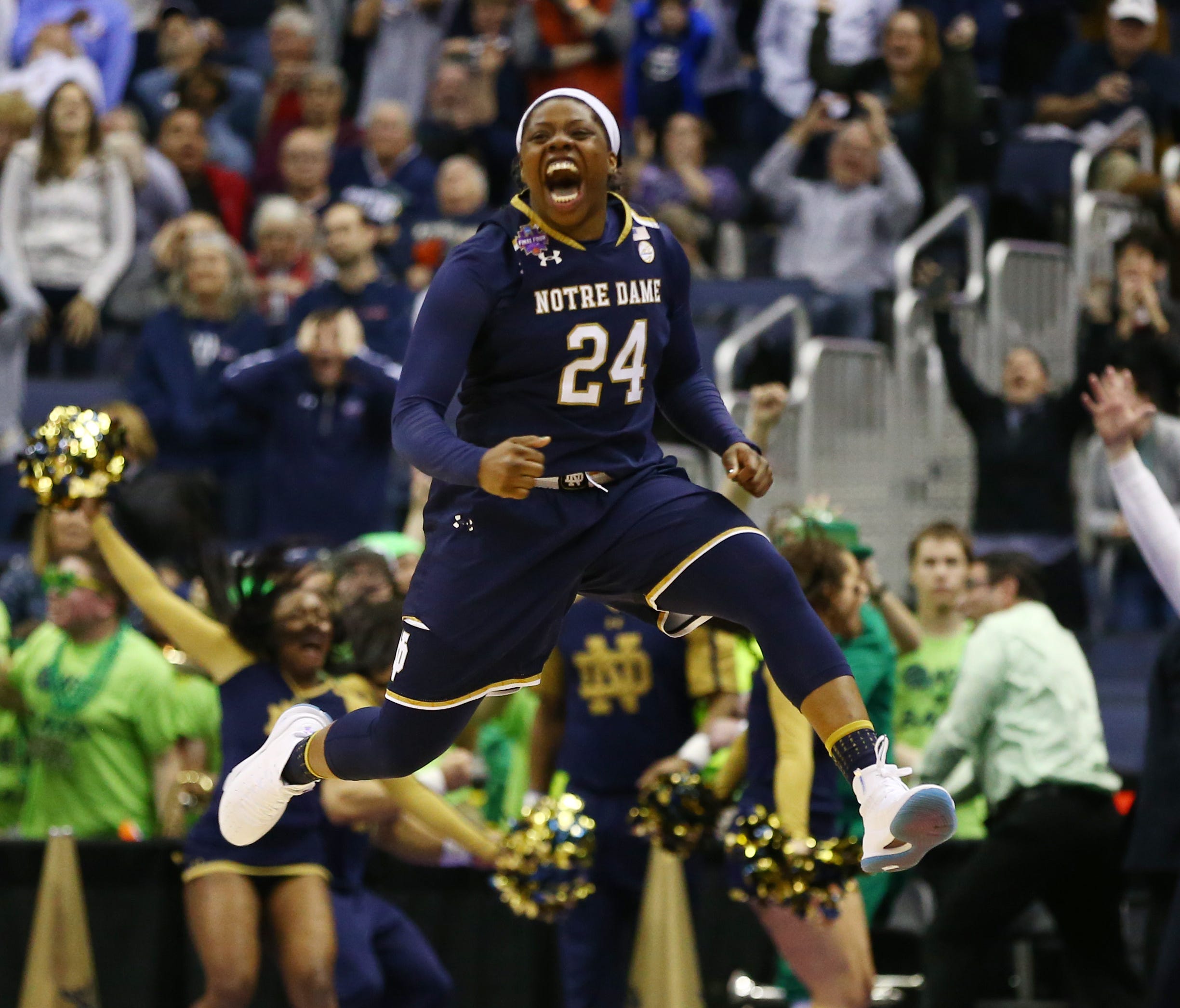 Notre Dame Fighting Irish guard Arike Ogunbowale reacts after hitting the game winning shot against the Connecticut Huskies in overtime in the semifinals of the women's Final Four in the 2018 NCAA Tournament at Nationwide Arena.