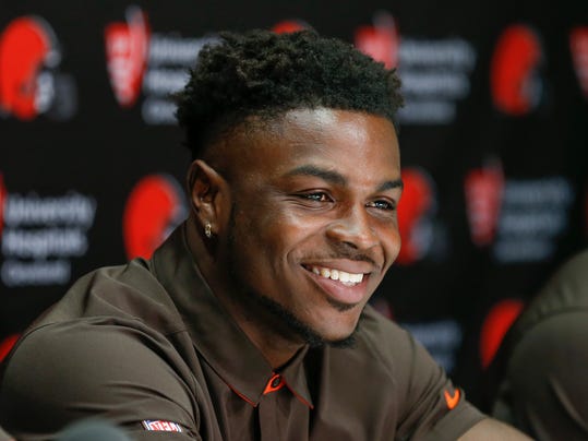 Cleveland Browns' Jabrill Peppers, selected 25th overall in the NFL draft, answers a question during a news conference at the footall team's training facility, Friday, April 28, 2017, in Berea, Ohio. Peppers played defensive back at Michigan. (AP Photo/Ron Schwane)