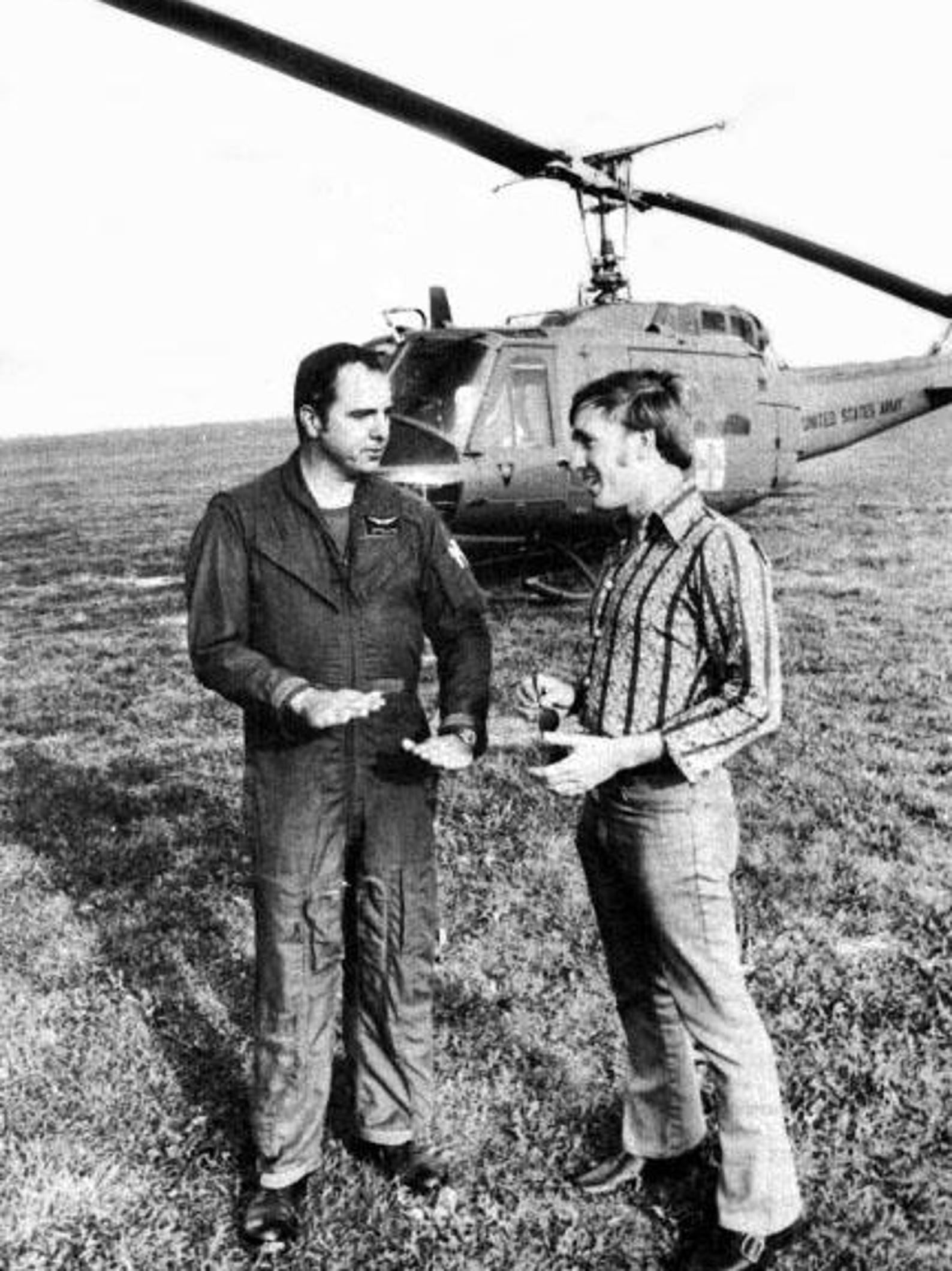 Army Reserve Capt. Lawrence Coyne speaks with crew member Arrigo Jezzi, who was flying Coyne’s helicopter when the crew reportedly encountered a UFO in October 1973.