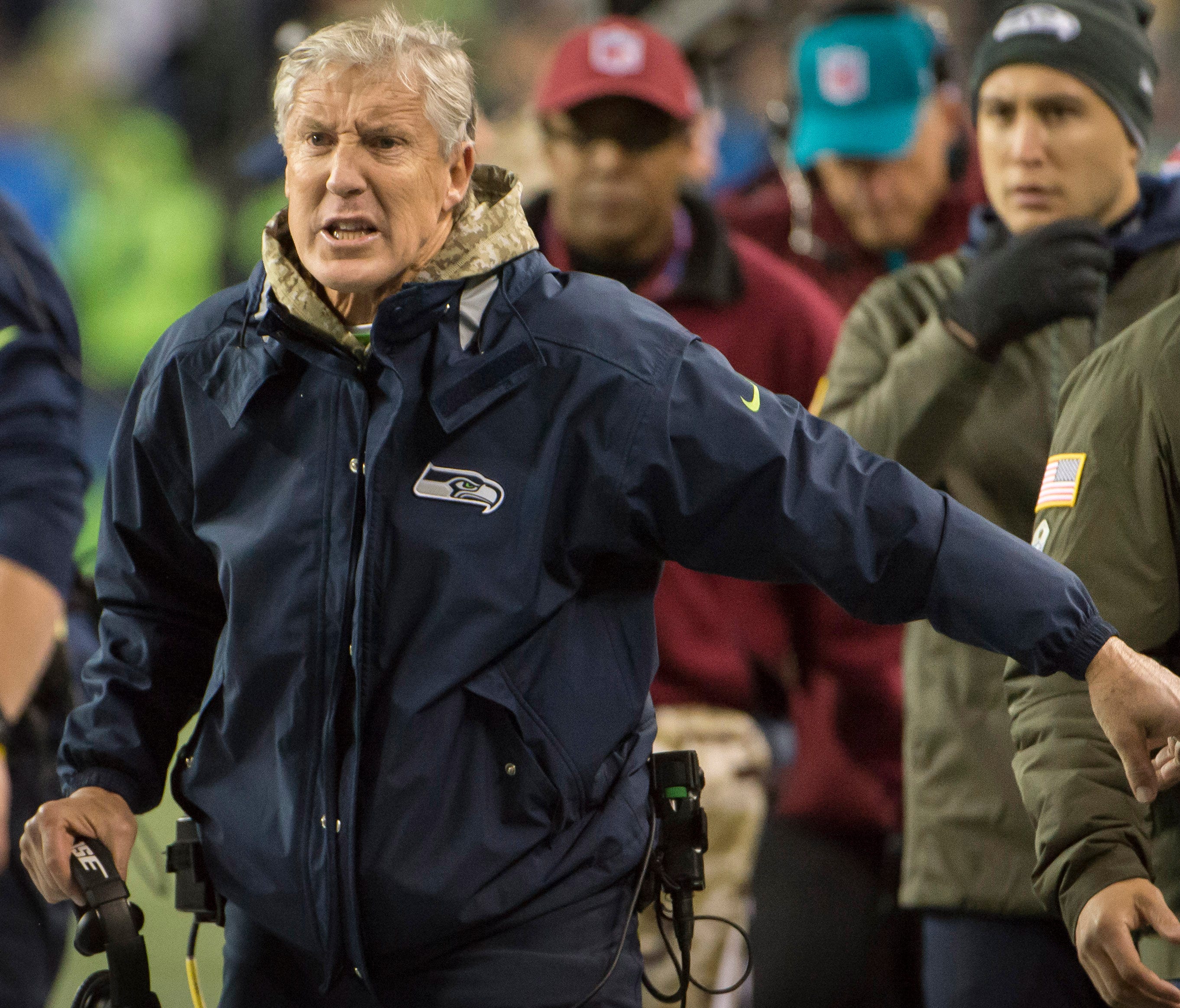 Seahawks coach Pete Carroll complains to an official about a non-call during the second half against the Falcons at CenturyLink Field in Seattle.