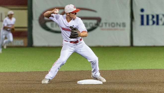 Second baseman Hunter Kasuls turns a double play in UL's 19-16 Sun Belt Tournament win over Little Rock, a game in which he had two homers including a grand slam and nine RBI.