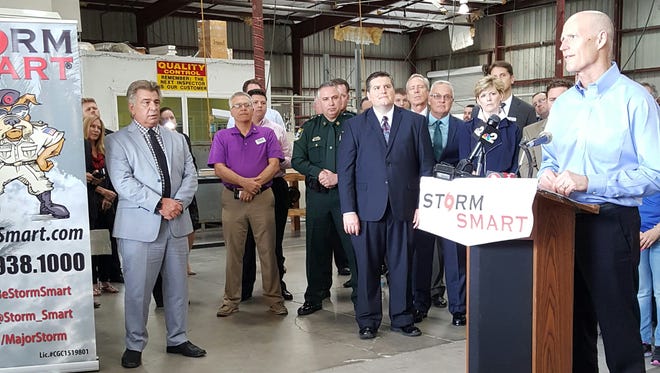 Florida Gov. Rick Scott visited Storm Smart in Fort Myers on Friday. Brian Rist, the company's president and CEO, is at far left. Scott discussed his plan to cut taxes and help businesses create more jobs. Storm Smart earlier this month announced it has partnered with its first licensed distributor — Storm Smart of Southeast Florida Inc. in West Palm Beach. The licensee sells, installs and services all storm-protection products manufactured by Storm Smart from its 60,000-square-foot manufacturing plant at its headquarters in Fort Myers, where it employs more than 150 people. Storm Smart is the largest manufacturer and installer of code-approved hurricane protection products in Florida.
