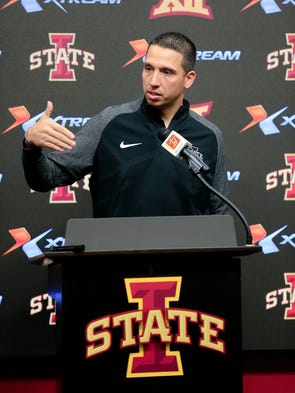 Iowa State football coach Matt Campbell gives a press