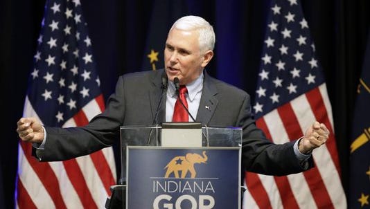 Indiana Gov. Mike Pence speaks during the Indiana Republican Party Spring Dinner April 21 in Indianapolis.