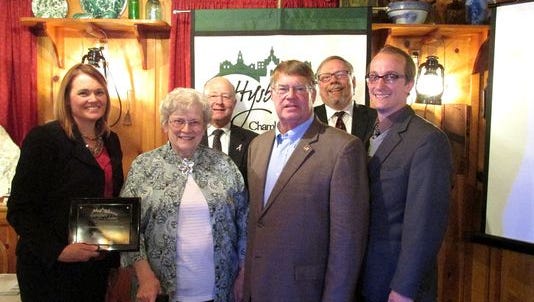 Shown here are: Carrie Stuart, Gettysburg Adams Chamber of Commerce president; 2015 Outstanding Citizen of the Year representative Joanne Getty; State Rep. Will Tallman; Adams County Commissioner Randy Phiel; Duane Kanagy, Gettysburg Adams Chamber of Commerce board chair; and Scott Pitzer, representative for Senator Rich Alloway.