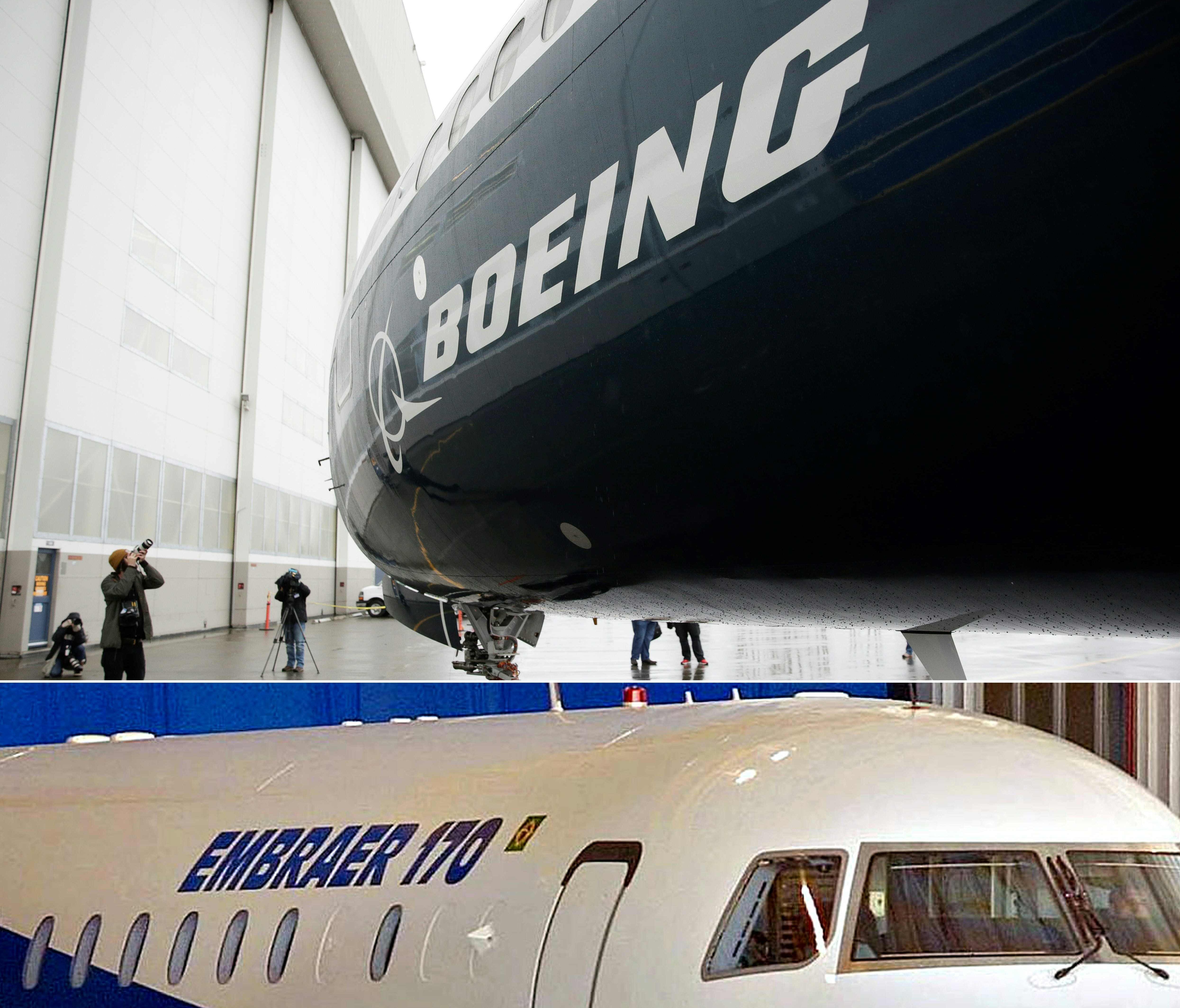 This combination of file pictures created on July 05, 2018 shows the first Boeing 737 MAX 9 airplane (top) at the Boeing factory in Renton, Washington, on March 7, 2017; and Embraer's new passenger jet, the ERJ 170 during a ceremony at the company's 