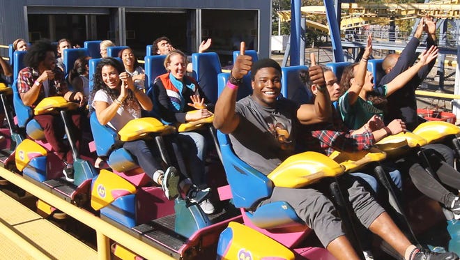 On their day off, the cast and crew of "Hamilton", one of Broadway's hottest shows, spent the afternoon at Six Flags Great Adventure and sampled many of the park's thrill rides. The group rides Nitro at the park.