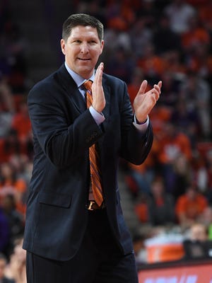 Clemson head coach Brad Brownell coaches against Virginia during the 2nd half on Saturday, January 14,  2017 at Clemson's Littlejohn Coliseum.