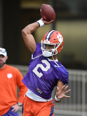 Clemson quarterback Kelly Bryant (2) throws during the Tigers opening day of spring practice on Wednesday, March 1, 2017.