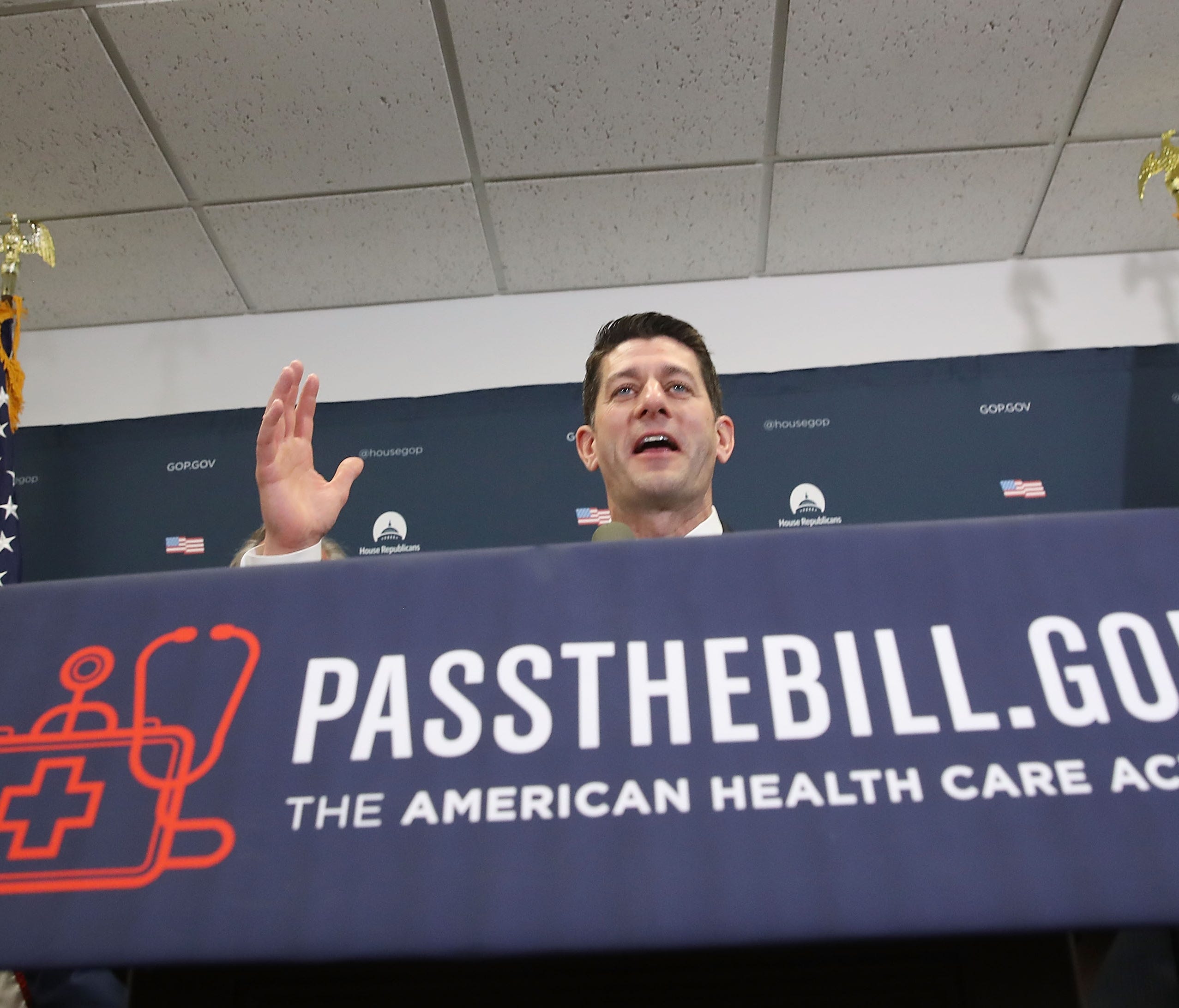 House Speaker Paul Ryan, R-Wis., speaks to the media after a House Republican meeting attended by President Trump on March 21, 2017.
