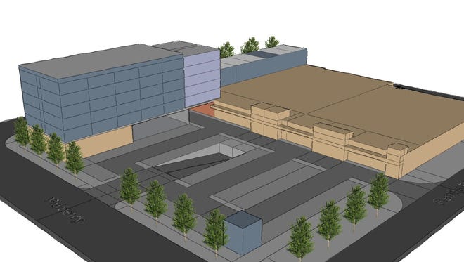 This drawing shows the planned six-story development of the Safeway plaza in Old Town Fort Collins.