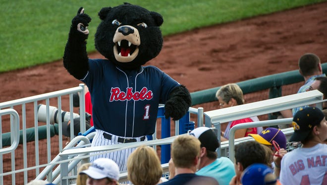 Jun 19, 2014; Omaha, NE, USA; Rebel, the Mississippi Rebels mascot, leads cheers during game ten of the 2014 College World Series against the TCU Horned Frogs at TD Ameritrade Park Omaha. Mississippi defeated TCU 6-4. Mandatory Credit: Steven Branscombe-USA TODAY Sports