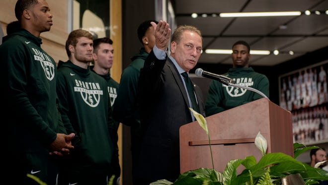Michigan State men's basketball coach Tom Izzo speaks during the Gilbert Pavilion and Tom Izzo Hall of History dedication on Friday, Oct. 20, 2017, at the Breslin Center in East Lansing.