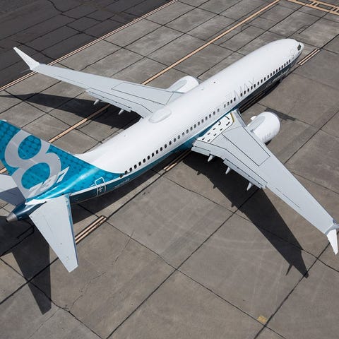 737 MAX 8 aircraft on a taxiway as seen from above