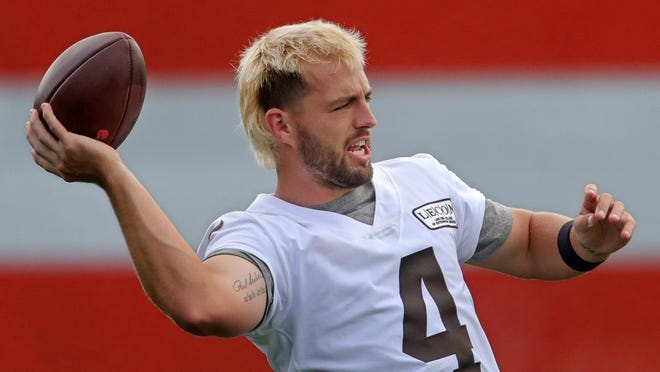Cleveland Browns place kicker Austin Seibert rocks a bleach blond mullet during practice at the NFL team's training facility, Wednesday, Sept. 02, 2020, in Berea, Ohio.