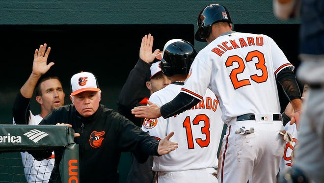 Baltimore Orioles manager Buck Showalter, left, high-fives Joey Rickard (23) after Rickard and Manny Machado (13) scored on a double by Adam Jones in the fifth inning of an opening day baseball game against the Minnesota Twins in Baltimore, Monday, April 4, 2016. (AP Photo/Patrick Semansky)