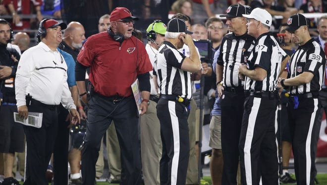 Cardinals coach Bruce Arians was upset over the blocked field goal in the first half against the  Seahawks on Oct. 23, 2016 in Glendale, AZ.