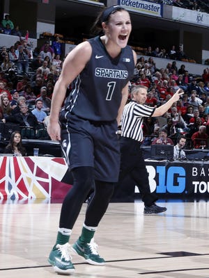 Mar 5, 2016; Indianapolis, IN, USA; Michigan State Spartans guard Tori Jankoska (1) reacts to a play against the Ohio State Buckeyes during the women's Big Ten Conference tournament at Bankers Life Fieldhouse. Michigan State Spartans defeats Ohio State 82-63. Mandatory Credit: Brian Spurlock-USA TODAY Sports