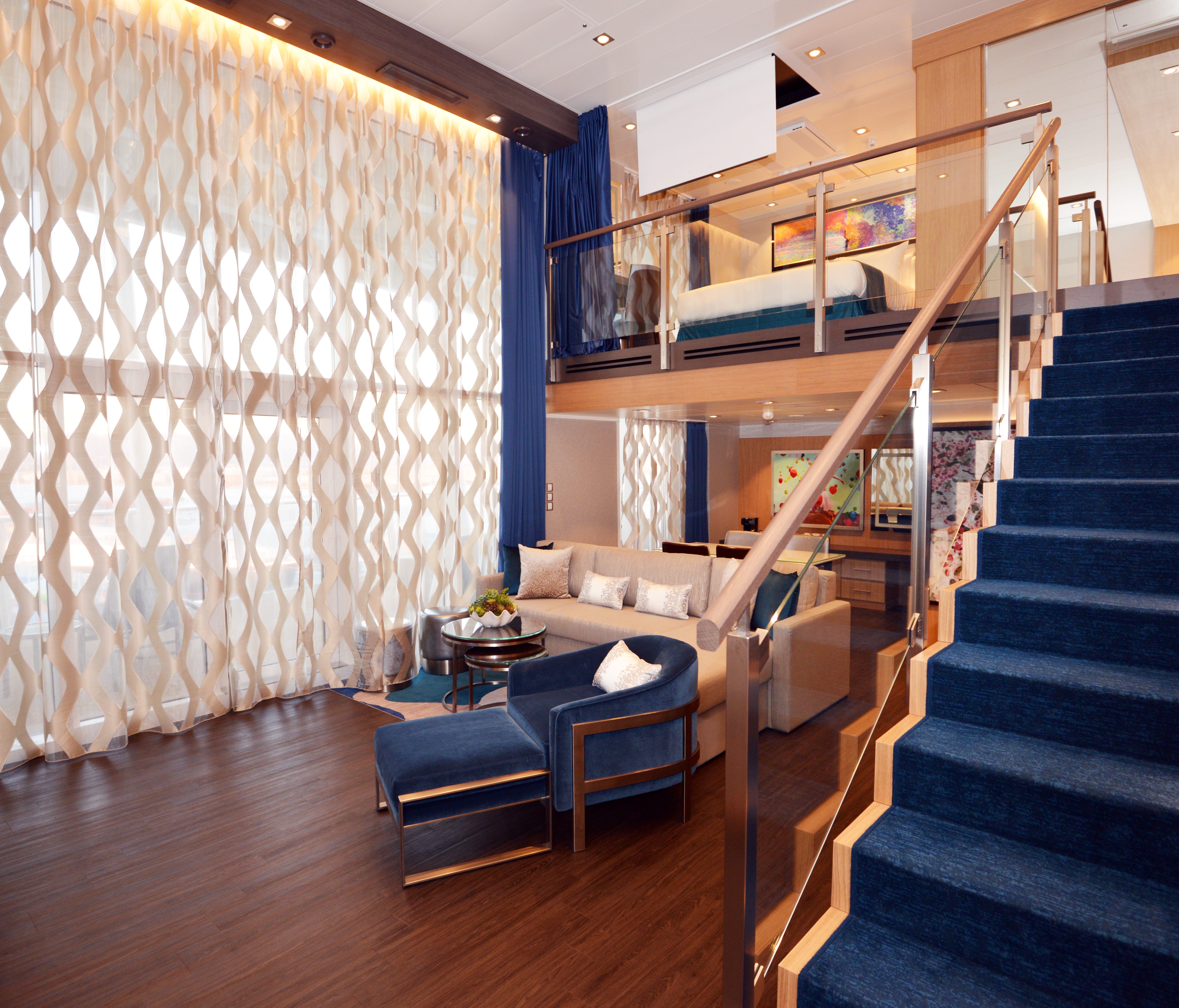 Another large suite on Symphony of the Seas is the Star Loft Suite, which measures 722 square feet. Like the Royal Loft Suite, it is two decks high.