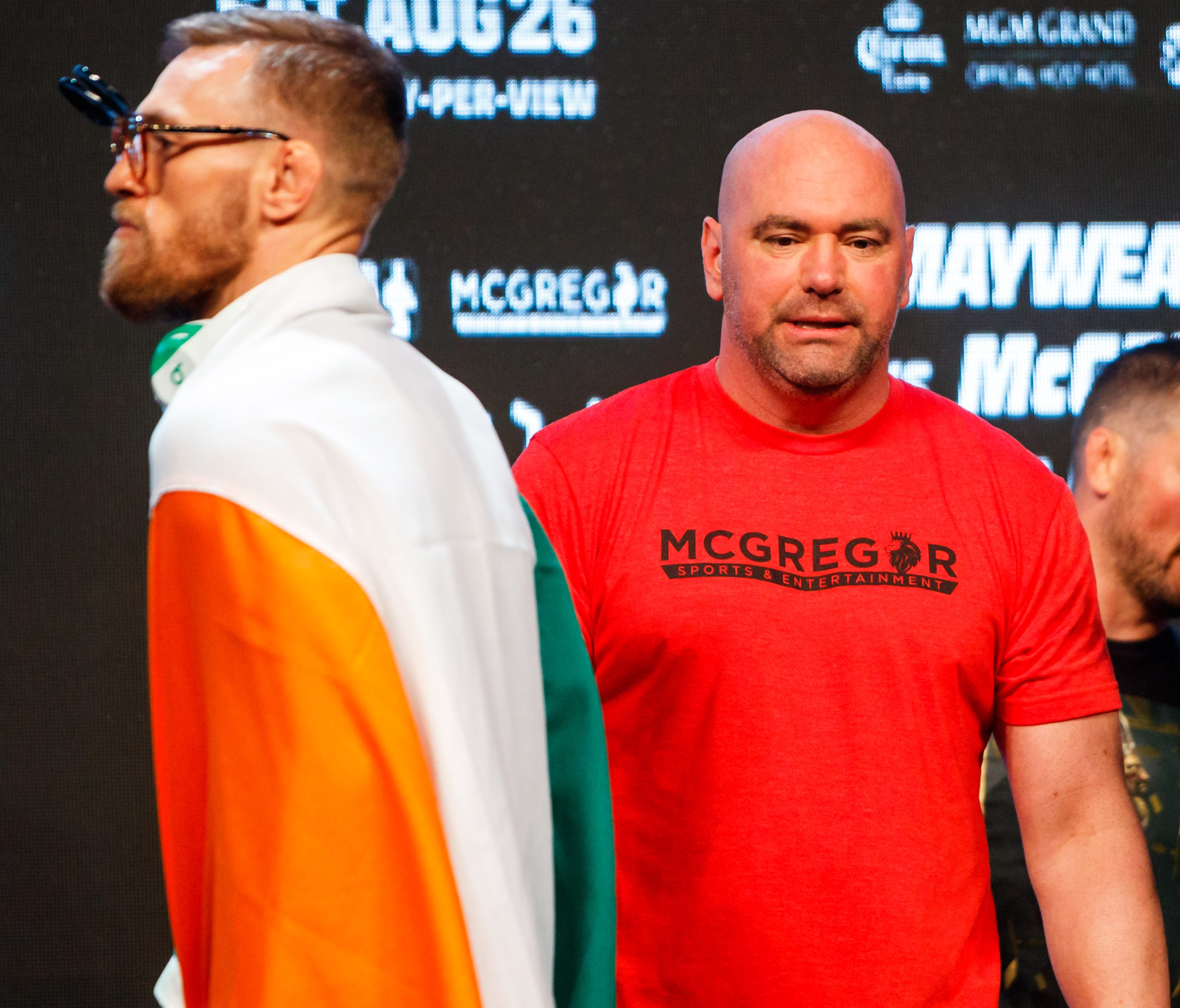 Conor McGregor (left) and UFC President Dana White during weigh-ins on Friday.